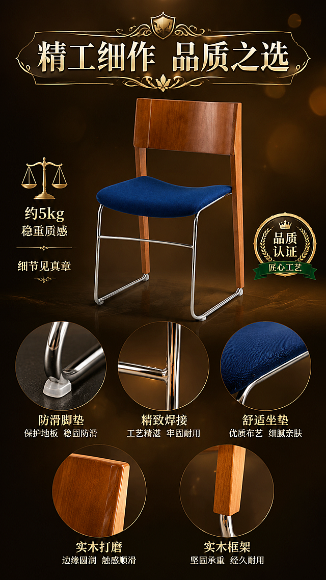 [第7张] 详情页第七张-品质细节与重量展示页。本张使用【图1】作为商品主体，保持椅子结构比例颜色材质一致。
[氛围/风格] 高端品质展示，精致细节特写，奢华质感，商业摄影质感。
[元素布局] 椅子置于画面中央偏上，占比约50%；下方及两侧展示细节元素：椅脚防滑垫特写、金属焊接处工艺细节、布艺坐垫缝线特写、实木边缘打磨工艺、重量标识天平图标、品质认证徽章等至少5种细节元素；背景为渐变深棕色，带有光斑效果。
[光影质感] 顶部柔光主光，底部补光，细节特写区域有额外聚光，突出工艺的精细度和品质感，整体光影柔和高级。
[配色色系] 全局底色为深棕渐变背景；主色：木色、宝蓝色、电镀银；辅助色：金色徽章、米白文字、深绿点缀。
[视角构图] 正面45°视角，产品居中，细节元素环绕下方分布，阅读动线从顶部产品到中部标题再到底部细节。
[文字版式] 中上区域艺术字主标题「精工细作 品质之选」使用徽章造型艺术字，带装饰性花纹；下方卖点文字：「约5kg稳重质感」「细节见真章」使用衬线艺术字体；配天平重量图标和品质徽章图标；字体设计有花样感，清晰不挡产品。
[比例分辨率] 9:16竖版比例，4K分辨率，文字清晰可辨，高清画质。
[负向提示词] 椅子变形，比例失调，颜色偏差，人物出现，水印，文字错乱，文字过小，产品模糊，内部结构展示，尺寸标注数字。