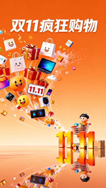 整体采用暖橙色渐变背景，营造热烈欢快的购物氛围。顶部是醒目的白色艺术字“双11疯狂购物”，字体活泼有力，突出活动氛围。画面左至中央，大量卡通商品如浪潮般从左上向右下涌出，包括笑脸购物袋、精美礼盒、电子预览效果