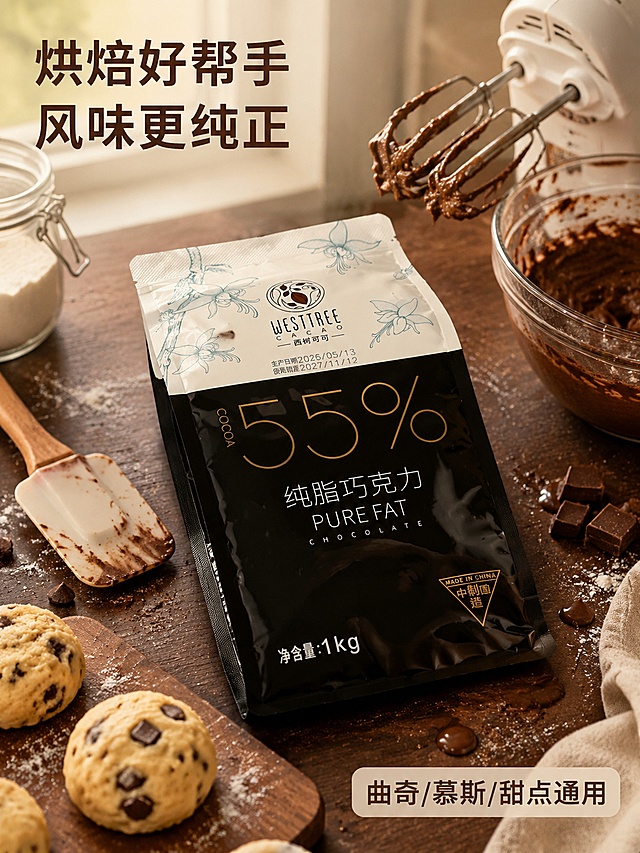 [第4屏] 场景种草-西树可可55%纯脂巧克力日常烘焙使用场景。本屏使用【图3】单包产品作为主体。
[氛围/风格] 温馨厨房氛围，自然生活感，真实治愈烘焙场景。
[元素布局] 单包巧克力斜放在深棕色烘焙操作台面上，周围搭配电动打蛋器、硅胶刮刀、半成型曲奇面团，点缀几颗融化的巧克力，呈现专业家庭烘焙场景。保持产品包装外观与输入产品图一致，产品占比约60%，场景元素丰富不杂乱。
[光影质感] 厨房窗边自然光，柔和温暖，食材表面呈现自然高光，整体氛围温馨治愈。
[配色色系] 全局底色 #D4C6B8；主色深棕操作台、产品黑金包装；辅助色面团米白，整体配色沉稳有烟火气。
[视角构图] 平视45度角度，产品置于视觉中心，场景元素环绕，景深适中。
[文字版式] 左上主标题「烘焙好帮手 风味更纯正」思源黑体粗体深棕色；右下小字甜品搭配「曲奇/慕斯/甜点通用」思源黑体；文字不遮挡产品主体，清晰可读。
[比例分辨率] 3:4 竖版比例，4K 分辨率，文字清晰可辨，高清画质。
[负向提示词] 变形，水印，文字错乱，文字过小，缺件错件，结构错误，颜色偏差，包装文字错乱，产品图模糊，背景杂乱