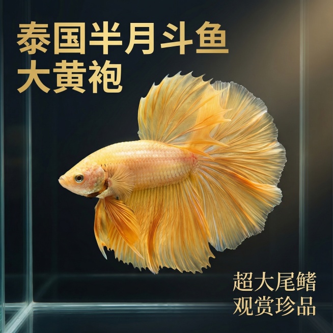 [主图 1] 首图点击率：泰国产观赏鱼半月大黄袍斗鱼，产品主体保持和原图外观一致，华丽的黄色大尾鳍在清澈水族箱里悠然游动，高端水族简约场景，深色简约渐变背景，柔和侧光勾勒出尾鳍飘逸层次感，主体斗鱼居中预览效果