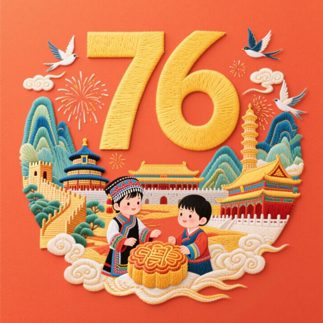 红橙色背景中，粗宋体黄色数字 “76“，数字四周有山水和国家标志性建筑（天坛、长城、故宫等），四周有和平鸽、祥云环绕，还有国家地标建筑群和烟花，无阴影，前景是一个苗族和一个汉族小朋友在分享月饼预览效果