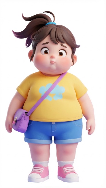 将图中的小女孩修改为过渡肥胖的状态，脸蛋和身子都圆嘟嘟的，搭配不知所措的怎么办的表情，保留原图的人物造型、服饰、发型和3D卡通风格，不改变原图大小预览效果