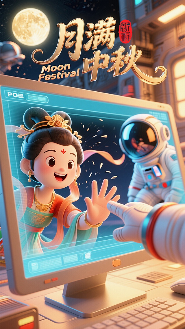 大师级排版设计，（字体标志"月满 中秋”装饰英文：“Moon Festival”，两行错排，红色中式印章；创意字体设计，线条流畅且富有艺术感，将字体进行抽象变形，创造出独特的节奏和动感，给人以强烈的视觉冲击。流畅立体字，金属质感，金属里泛着金色光晕，金属艺术，高级感）。嫦娥面带笑容，从电脑屏幕中完全探出身子（虚拟变为实体，网络与现实的碰撞），摔出屏幕外，她的手与作为宇航员的手指触碰，屏幕外宇航员的POV视角，空间站背景，暖调配色，温馨的中秋氛围，动态感，大透视