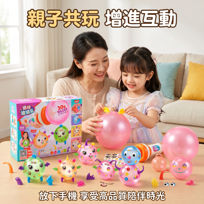 嚴格還原上傳的產品圖，包括包裝盒設計、球體顏色、配件造型、貼紙圖案、充氣筒樣式等所有細節，充氣前球體約掌心大小，充氣後直徑約 20-25cm、最大可膨脹 30 倍，尺寸比例 1:1，所有文字內容均使用预览效果