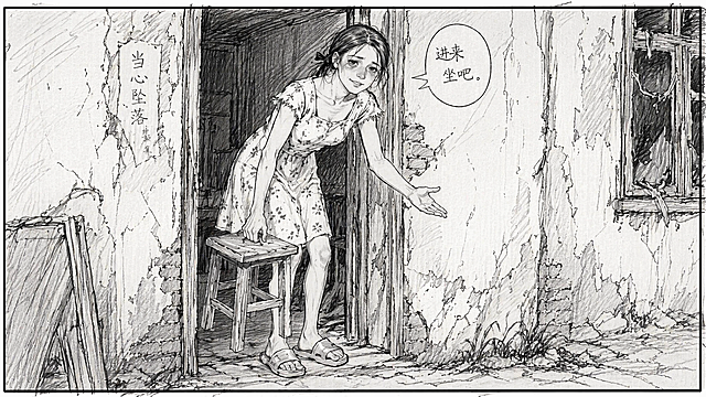 将图一改成图二的黑白分镜手绘草稿风格，保留原画面内容：女性弯腰提板凳站在屋门口招呼人坐下，以及墙面、门口、文字对话框，整体改为粗线条黑白故事板分镜风格