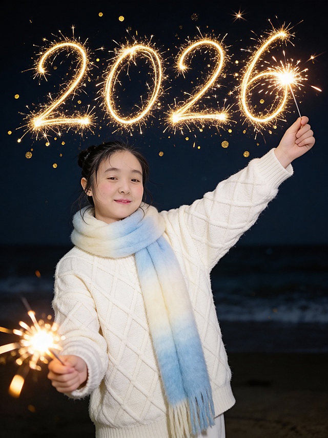 梦幻光影勾勒2026，烟花粒子舞动夜空，少女笑颜映衬温馨浪漫，实景海滩尽显喜庆唯美。