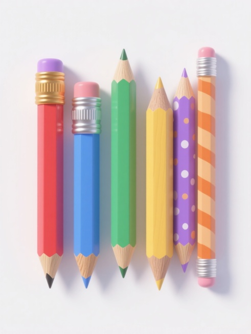 3D渲染风格的六支不同配色、不同样式、不同材质的铅笔，每支铅笔拥有独特的色彩搭配（如红色、蓝色、绿色、黄色、紫色、橙色等）和材质质感（如木质纹理、金属光泽、磨砂质感、光滑漆面等），铅笔形状细节丰富，包括削尖的笔尖、不同颜色和设计的笔帽、笔身可能有条纹、斑点或纯色等不同样式，所有铅笔整齐排列在纯白色背景上，保持统一的3D立体感和柔和光影效果，光影过渡自然，具有清晰的高光和阴影细节，整体画面简洁干……预览效果