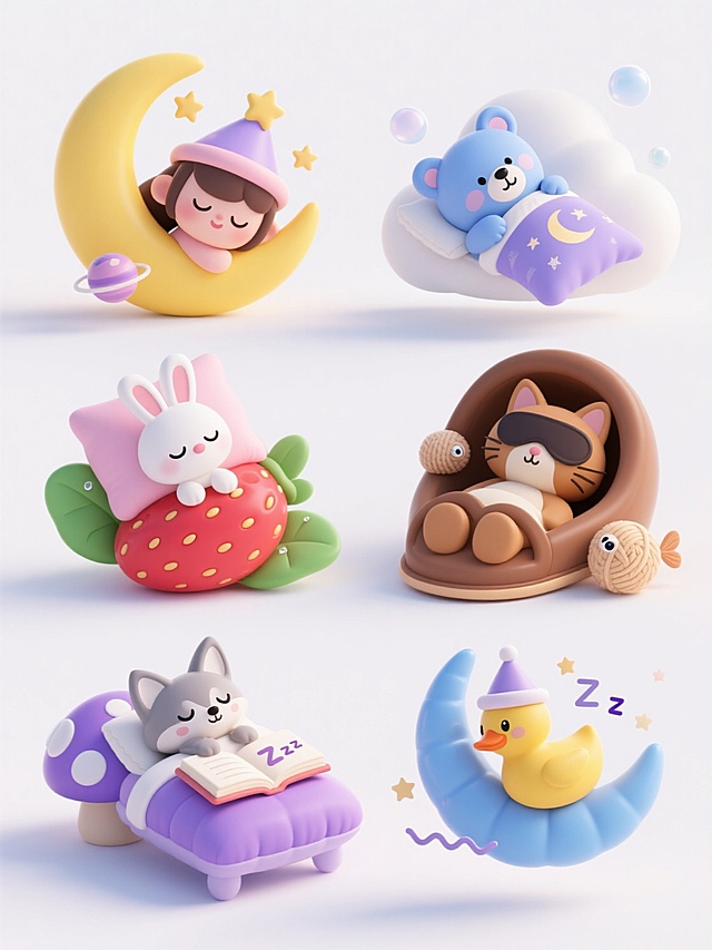 一组6个同风格睡眠主题3D插画元素的规整集合，保持C4D立体风格，圆润可爱的卡通造型，明亮柔和的马卡龙色调，主色为黄色、粉色和紫色，统一的柔光效果和清晰阴影，纯色白色背景。元素1：戴着星星睡帽的小女孩蜷缩在黄色弯月上睡觉，周围有星星和小星球；元素2：蓝色小熊抱着枕头躺在云朵形状的床上，被子上有月亮图案，周围有漂浮的气泡；元素3：闭着眼睛的白色小兔子趴在红色草莓造型的枕头上，周围有绿色的叶子和露珠；元素4：棕色小猫戴着眼罩蜷缩在棕色的拖鞋形状的小窝里，窝边有毛线球和小鱼玩偶；元素5：灰色小狐狸抱着一本打开的童话书在紫色蘑菇形状的小床上睡着了，书上有“Zzz”符号；元素6：黄色小鸭子戴着睡帽漂浮在蓝色的月牙形充气枕上，周围有波浪线和小星星点缀。所有元素尺寸相近，排布规整，保持一致的睡眠主题和可爱治愈的氛围。