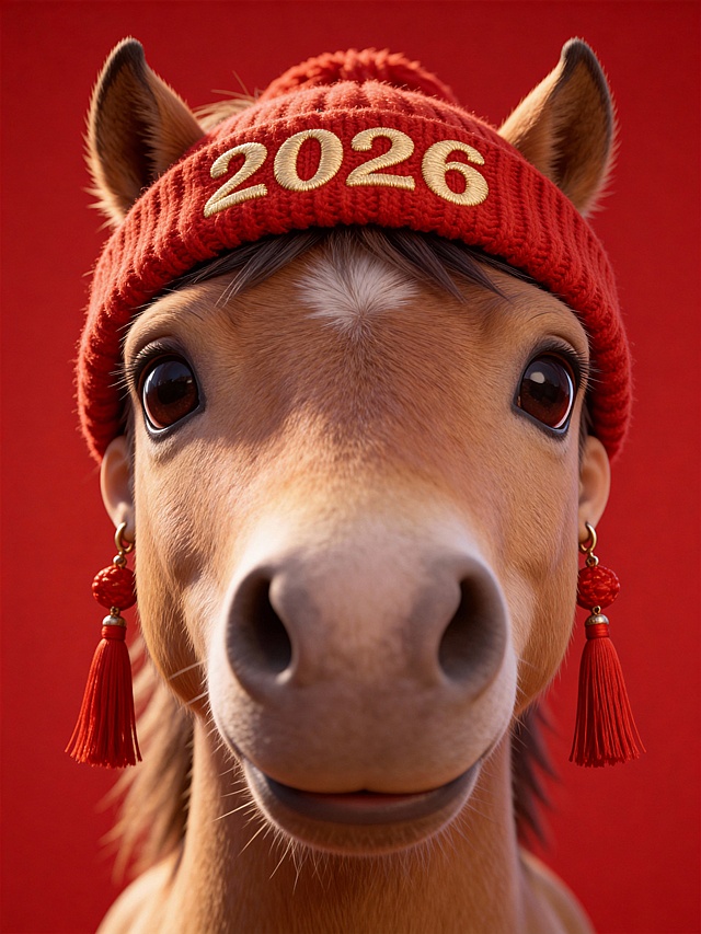 3D拟人马戴刺绣帽，红底金字“2026”，配流苏耳坠，国潮风喜庆迎新春。