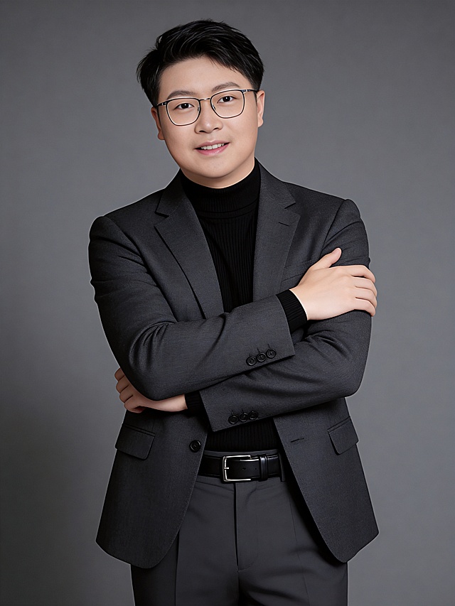 参考第一张图保留人物脸型､发型､年龄等特征生成职场形象照,参考第二张图人物占位和比例,标准焦段50mm,F/4光圈(F/2.8-F/4区间),平视视角(镜头与人物视线齐平);人物占画面70%,人物居中(居中构图),位于画面中心,为视觉聚焦点,入境范围头部及以下至臀部下方10cm(半身像);左右留少量背景空间;头部与画面顶部保留5%空间;头部发型完整,头肩比例协调;身穿修身精纺羊毛混纺面料的深灰色西装外套(含5%桑蚕丝提升柔光质感),平驳领(商务感正式感),左胸袋无口袋巾(简化高级感),西装下摆自然垂度;内搭黑色中领紧身针织上衣,下装精纺羊毛混纺面料的深灰色高腰直筒西裤(面料同西装),搭配黑色哑光头层牛皮皮带(宽1.5cm),带扣为长方形拉丝黑色金属(1.8cm×2.5cm);呈正面抱胸的自然站立姿态:左臂搭于右臂上方,肩颈自然松弛下沉,姿态自信从容｡正式严谨专业稳重,身形匀称,姿态端正｡发梢微微修整干练大气,主体锐利,影棚侧光布光(主光来自画面前方),明暗过渡柔和,背景光线均匀,强化色彩对比的高级感｡哑光简约中深灰色纯色背景(呈现均匀柔和质感),极简干净;32K画质超高分辨率､细节清晰,整体风格雅致､兼具现代精致感;肤质精细化处理;眼神直视镜头,目光坚定且澄澈,表情自然.嘴角上扬;肌肤白皙透亮,柔光提亮,细腻无瑕,通透高级,干净清透肤质,肤色均匀,柔光美白细腻陶瓷肌肤,自然提亮,光影柔和通透水光肌,肤质细腻平滑干净哑光肤质,无油光无暗沉,肤色均匀提亮;杰作,最佳画质,超高细节,写实摄影,中近景人像,面部清晰,五官精致,皮肤细腻通透,白皙清透皮肤,干净肤色,健康肤色,无蜡黄,无暗沉,无黄皮,柔光,正面补光,面部光线均匀明亮,无浓重阴影,冷色调白平衡,画面干净清新,色调明亮,对焦清晰,肤质细腻,高清皮肤细节;面部光比1:1.5,4800K中性光,微微修饰脸型,肤质哑光细腻,面部雾面柔光,轻透裸肌感,真实毛孔纹理,32K画质,去除人物之外的所有元素｡