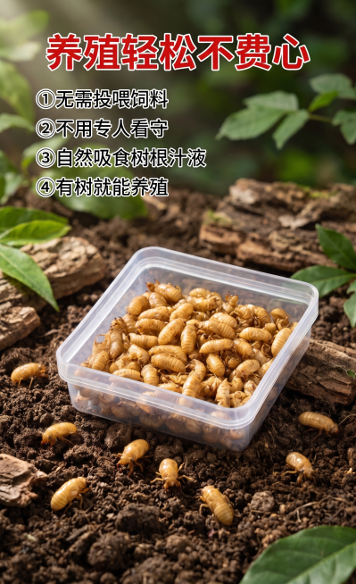 [主图 2] 金蝉幼苗核心养殖优势卖点图。[氛围风格] 真实农资电商风格，自然清新，信息清晰。[画质] 商业摄影质感、光线柔和通透、产品清晰真实、画面干净高级。[元素] 背景为疏松透气的林间土壤，放置预览效果