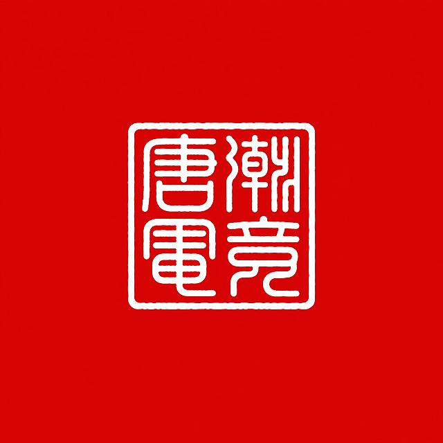 干净的纯红色背景。平面艺术字体设计，四个字"唐潮电竞"，国潮国风水印篆刻印章风格，篆书字形，笔画圆润均匀粗细一致，结构对称古朴厚重，2×2方阵排列，外围方形印章边框线，白色字体，印章居中占画面约40%面积，四周大量留白。文字整体必须完整呈现在画面内不可被裁切，四周留有安全边距。比例1:1