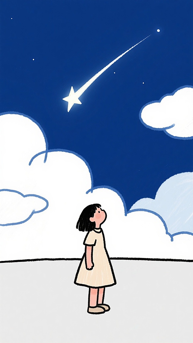 夜晚，深蓝色的天空，白色的云朵，一个小女孩仰望天空，一颗流星划过