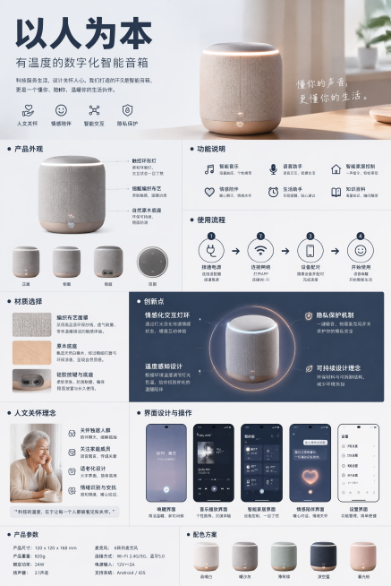 “以人为本”—智能音箱设计
要求：设计一款具有人文关怀、设计创新、解决实际痛点的数字化智能音箱。运用展板的表现形式，对产品的功能、使用流程、材质、创新表达、人文关怀、情感关怀、界面操作展示，等对产品进预览效果
