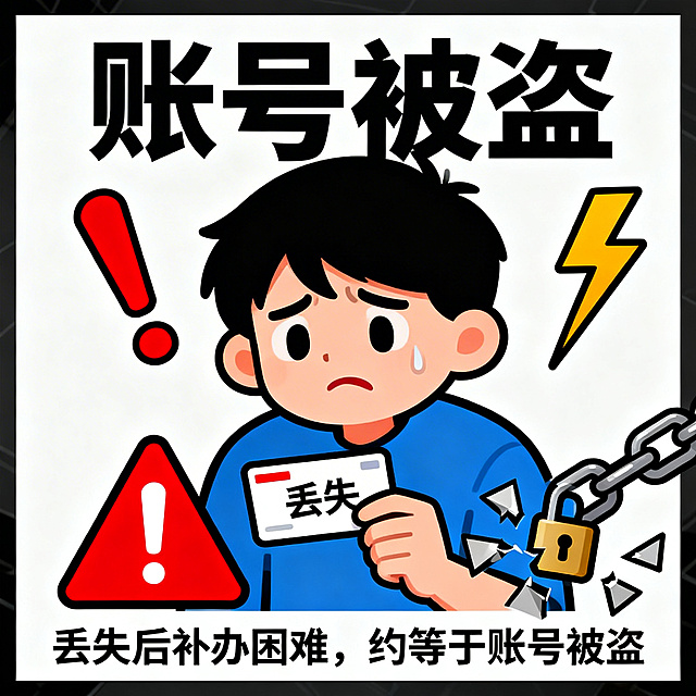 警示风格插画：一个卡通人物表情焦虑，手中拿着一张‘丢失’的卡片，旁边有红色感叹号和破碎锁链图标；背景中浮现‘账号被盗’字样与闪电符号，整体传达‘丢失后补办困难，约等于账号被盗’的严重后果，画面简洁有力，适合用于安全提示海报