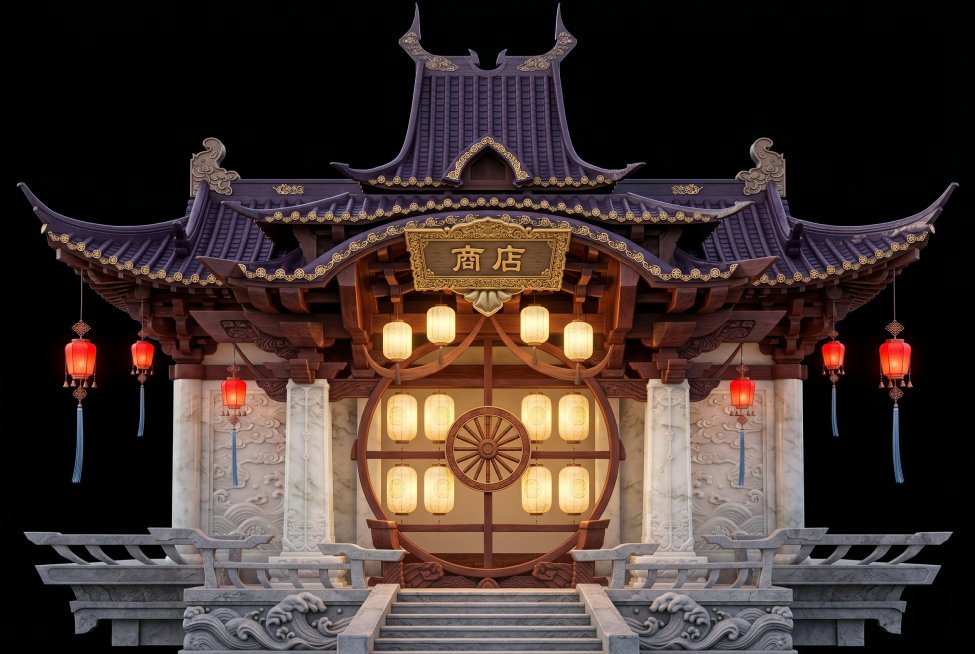 参考图片线稿设计风格，生成写实渲染的中式古风重檐歇山顶仿古建筑商店门楼：深紫色琉璃瓦屋顶，边缘鎏金卷草纹装饰，飞檐翘角；红棕色雕花木质主体框架，搭配汉白玉质感立柱和墙面，雕刻祥云海浪纹样；底部多层灰色预览效果