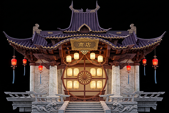 参考图片线稿设计风格，生成写实渲染的中式古风重檐歇山顶仿古建筑商店门楼：深紫色琉璃瓦屋顶，边缘鎏金卷草纹装饰，飞檐翘角；红棕色雕花木质主体框架，搭配汉白玉质感立柱和墙面，雕刻祥云海浪纹样；底部多层灰色石质基座带海浪浮雕；正上方牌匾刻金色"商店"二字；门楼中央框架嵌入木质车轮装饰，框架内分上下两排共6盏米白色长灯笼，每排3盏，内部点亮暖黄色灯光，灯笼带浅淡中式暗纹；画面两侧各悬挂一盏带铜铃蓝色流苏的红色小灯笼，整体浓郁东方传统美学氛围，暖光营造温暖治愈烟火气，纯黑色背景