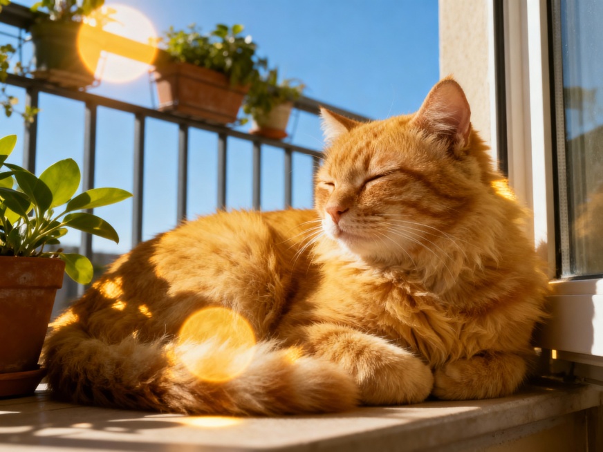 一只可爱的橘猫蜷缩在阳台上，阳光透过玻璃窗洒在它身上，形成温暖的光斑，猫咪眯着眼睛，表情惬意，阳台栏杆上摆放着几盆绿植，背景是晴朗的蓝天预览效果