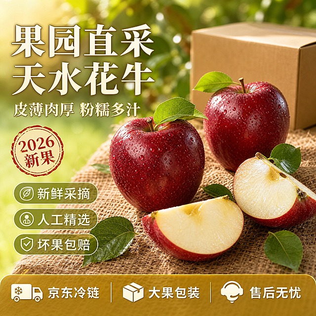 [主图-2修正] 版本2·带叶整果+切瓣：天水花牛苹果精品主图，京东1:1方图。产品外观与商品图一致：花牛苹果果形圆锥、色泽浓红、果点明显。画面右侧粗麻布上共摆放4颗带新鲜绿叶的天水花牛苹果：其中2颗为完整整果、2颗为切瓣（扇形瓣，露出乳白细腻果肉与汁水），数量4颗准确；商品主体占画面约60%；右后方浅景深虚化处放无字普通牛皮纸箱（纯牛皮纸色、无印刷、闭合）。场景为自然果园，虚化枝叶与阳光光斑，粗麻布台面散落绿叶；左侧浅绿到米白渐变；底部半透明深金色圆角通栏。文案：主标题“果园直采 天水花牛”大号宋体米白色细描边；副标题“皮薄肉厚 粉糯多汁”；印章“2026新果”；卖点胶囊“新鲜采摘”“人工精选”“坏果包赔”；底部通栏“京东冷链”“大果包装”“售后无忧”。自然暖调侧逆光，苹果边缘金色轮廓光，切瓣果肉水润。输出1:1，2K，文字清晰；负向：变形、文字错乱、产品模糊、水印、背景杂乱、苹果形状扭曲、果肉发暗、数量错误、纸箱文字、礼盒彩盒、低清晰度。