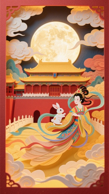 全景构图，近景是嫦娥抱着玉兔飞天，中间是故宫和繁华的古建筑，背后是硕大的圆月和云彩，画面四周祥云环绕，画面整体充满喜庆和华丽，画面呈现喜庆的暖色调预览效果