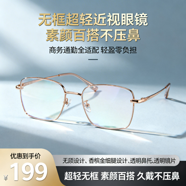 8K 超高清商业摄影，1:1 正方形竖版构图，极简轻奢高级感杂志风排版，画面中心主体为无框香槟金近视眼镜，产品呈正面微45度角舒展摆放，镜片呈现高透通透质感，背景为低饱和渐变柔焦蓝灰色高级背景，搭配柔预览效果