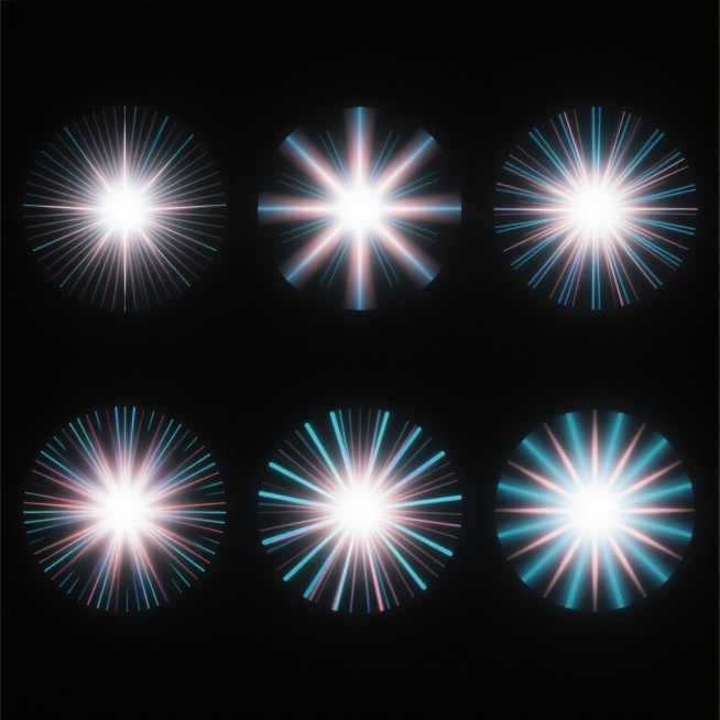纯黑背景上的6个同系列抽象光效素材集合，每个光效均具备明亮的中心光点、放射状线条、柔和的光晕渐变以及细腻的数字艺术质感和丰富光影层次，6个光效造型完全不同，拥有独特的放射角度、线条数量、光晕大小和颜色搭配，整体呈现出色彩丰富且和谐统一的科技感与未来感视觉效果，画面简洁，光效元素突出。预览效果