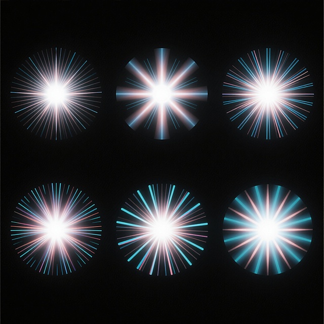 纯黑背景上的6个同系列抽象光效素材集合，每个光效均具备明亮的中心光点、放射状线条、柔和的光晕渐变以及细腻的数字艺术质感和丰富光影层次，6个光效造型完全不同，拥有独特的放射角度、线条数量、光晕大小和颜色搭配，整体呈现出色彩丰富且和谐统一的科技感与未来感视觉效果，画面简洁，光效元素突出。