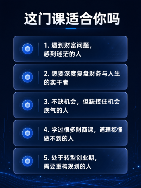 [第5屏] 课程适合谁目标用户页面。现代科技感卡片设计，深蓝色背景，模块化信息展示。页面顶部大标题"这门课适合你吗"，下方五张卡片纵向排列，每张卡片包含一个适配人群要点：1.遇到财富问题，感到迷茫的人预览效果