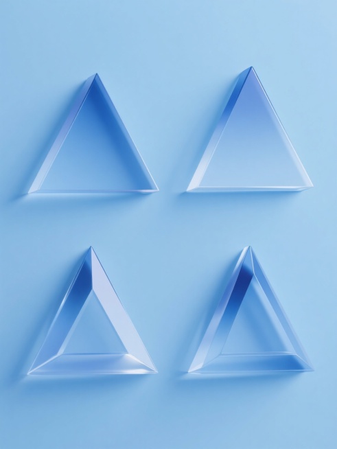 系列素材集合，四个完全不同造型的三角元素内容，规整排布，纯色背景，3D立体风格，透明渐变蓝色调，光滑玻璃质感，柔和高光与阴影，简约几何设计，每个三角元素具有独特的立体结构和层次感，整体保持统一的视觉风格和光影效果，清晰的边缘线条，精致的透明折射效果，现代简约设计感。预览效果