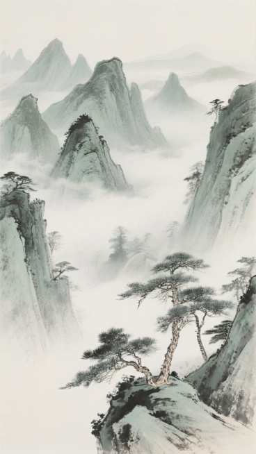 一幅极具中式韵味的水墨山水画，以淡雅的灰绿色调为主，采用传统中国水墨画的笔触技法，线条流畅自然，墨色浓淡干湿变化丰富，营造出空灵悠远的意境。画面中山峰层峦叠嶂，形态各异，或雄伟挺拔，或平缓绵延，山间云雾缭绕，似轻纱般弥漫飘荡，将山峦若隐若现地笼罩其中，增添了神秘朦胧之感。近景处几棵苍劲的松树点缀在山脚下，枝叶舒展，姿态古朴，凸显出中式山水的典型元素。整体构图遵循“高远、深远、平远”的传统山水画……预览效果