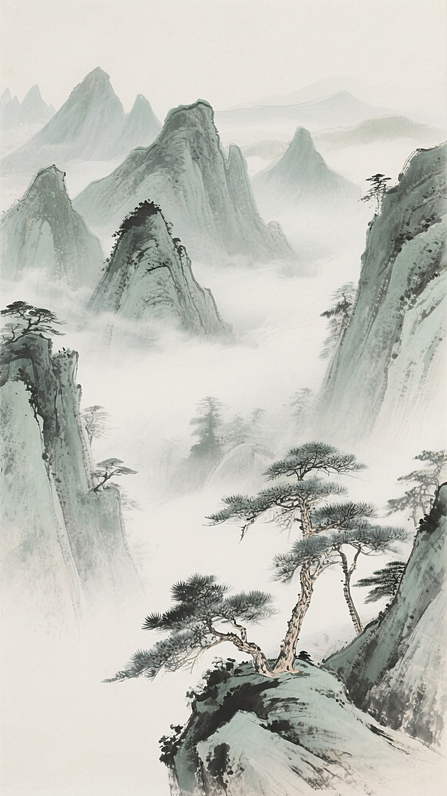 一幅极具中式韵味的水墨山水画，以淡雅的灰绿色调为主，采用传统中国水墨画的笔触技法，线条流畅自然，墨色浓淡干湿变化丰富，营造出空灵悠远的意境。画面中山峰层峦叠嶂，形态各异，或雄伟挺拔，或平缓绵延，山间云雾缭绕，似轻纱般弥漫飘荡，将山峦若隐若现地笼罩其中，增添了神秘朦胧之感。近景处几棵苍劲的松树点缀在山脚下，枝叶舒展，姿态古朴，凸显出中式山水的典型元素。整体构图遵循“高远、深远、平远”的传统山水画法则，留白恰到好处，给人以无限的想象空间，尽显东方美学的独特韵味与雅致格调。