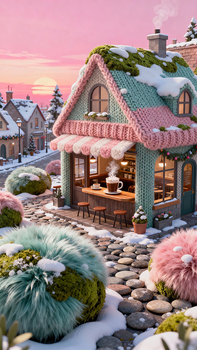 毛绒雪镇咖啡馆，毛线编织的咖啡馆