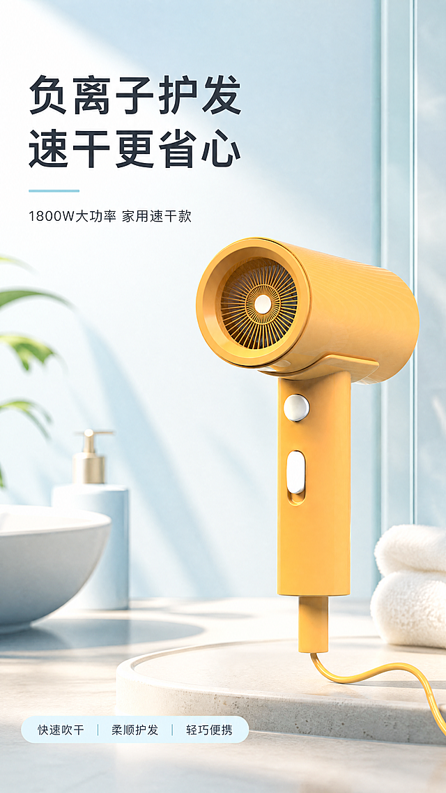 [第1屏] 详情页头图-家用负离子护发吹风机主视觉宣传图。
[氛围/风格] 清新日常自然种草风格，浅色系温馨浴室场景，柔和自然光感，商业摄影质感，整体画面干净明快，突出产品实用温和护发特点。
[元素布局] 本屏使用【图1】作为商品主体，暖黄色吹风机放置在画面右侧中下区域，占据画面约65%主体位置。保留原图中暖黄色机身、圆形进风网、两个白色按键、黄色出线的物理结构、材质质感、颜色完全一致。背景为浅蓝+浅白渐变的清新浴室墙面，左侧留出充足标题区域，底部可加入浅米色台面放置吹风机，整体场景自然不突兀，突出产品清新日常感。
[光影质感] 左侧柔和主光均匀照亮机身，右侧形成自然柔投影，产品边缘清晰真实，整体光影通透干净，突出产品简约质感。
[配色色系] 全局底色：#F0F8FA（浅清新蓝白）；主体配色：#F7C04A（吹风机暖黄色）+#FFFFFF（按键白色）；辅助色：#E8F4F8（浅背景）+#2C3E50（深灰文字）。
[视角构图] 正面微仰视45度视角，主体吹风机位于右侧中下，左侧完整区域留给标题文案，背景干净简洁，符合9:16竖版移动端阅读动线。
[文字版式] 左上区域排版：主标题"负离子护发 速干更省心"两行深灰字，左对齐，字号约占画面宽度8%-10%，不超过顶部区域高度25%；副标题"1800W大功率 家用速干款"，字号约为主标题40%，左对齐放在主标题下方；底部浅蓝细条放三个卖点标签"快速吹干 | 柔顺护发 | 轻巧便携"，文字不遮挡吹风机主体，所有文字清晰可读。
[比例分辨率] 9:16竖版比例，4K分辨率，文字清晰可辨，超高清。
[负向提示词] 产品变形，结构错误，颜色偏差，按键缺失，水印，文字错乱，产品图模糊，背景杂乱，极端配色。