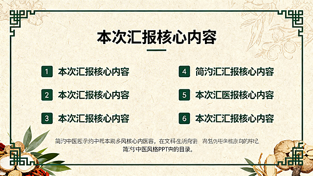 包头医学院中医学院寒假专业实践汇报PPT目录页，浅米色底色，墨绿色中医元素边框，居中加粗标题“本次汇报核心内容”，分点列出六个核心板块，底部斜体备注文字，整体简约中医风格，带有传统中药纹理装饰