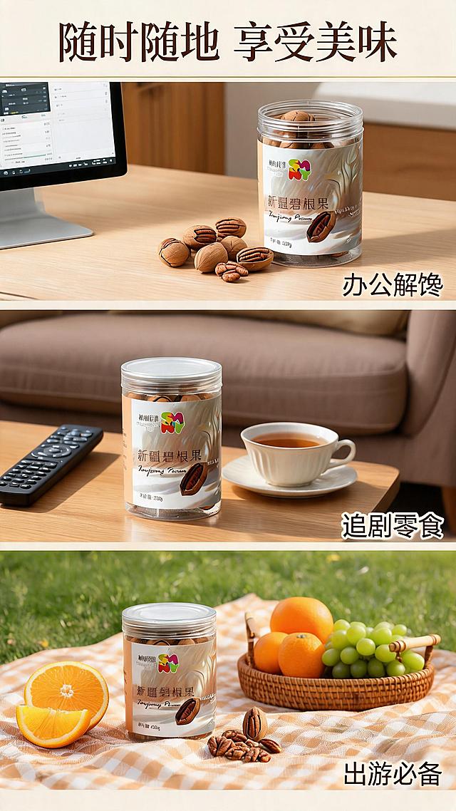 [商品] 使用【图3】神秘尼雅新疆碧根果220g罐装；保留罐身、标签、Logo、文字与图案原貌；本张为多场景竖拼，每段均出现产品或碧根果元素。
[画面] 目标为多场景种草，采用3段竖拼构图展示不同食用场景：上段是办公室下午茶场景（电脑旁放着打开的碧根果罐与几颗果仁），中段是居家追剧场景（沙发茶几上的碧根果与遥控器、茶杯），下段是户外野餐场景（野餐布上的碧根果罐与水果）；每段之间用细金色分割线隔开；每段场景中产品包装清晰可见，营造随时随地享用的生活方式感。
[视觉] 套系策略：风格=新疆产地自然风+商业食品摄影；标题字=宋体加粗带书法气质；正文字=简洁无衬线体；主色=暖棕金；背景延展=基于暖棕金做深浅层级、同色渐变和细腻沙漠/木质纹理质感；强调色=深琥珀色，仅用于小面积图标、引线和标签；标题色=深棕褐色；正文色=中暖棕色；组件=圆角浅底信息卡、细线引线、产地印章；光影=右前侧暖柔光。
[文字] 顶部通栏大标题"随时随地 享受美味"，每段场景右下角分别标注场景名："办公解馋""追剧零食""出游必备"；文字全部横向排版，不遮挡产品主体。
[规格] 图片比例9:16竖版，分辨率2K，避免变形、错字、文字过小、冷蓝/蓝灰背景、场景不真实、极限词。