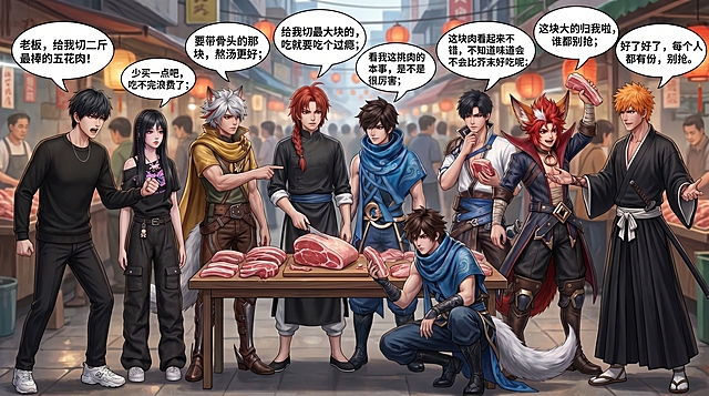 真实画风，9位角色在肉类摊前挑选肉，热闹菜市，所有人互相认识，对话不重复，符合性格：1. 图一外向男：老板，给我切二斤最棒的五花肉！2. 文静女生：少买一点吧，吃不完浪费了；3. 百里守约：要带骨头的那块，熬汤更好；4. 神威：给我切最大块的，吃就要吃个过瘾；5. 曜：看我这挑肉的本事，是不是很厉害；6. 澜：认真观察肉的品质；7. 冲田总悟：这块肉看起来不错，不知道味道会不会比芥末好吃呢；8. 百里玄策：这块大的归我啦，谁都别抢；9. 黑崎一护：好了好了，每个人都有份，别抢。保留原人物外貌服饰，16:9真实场景
