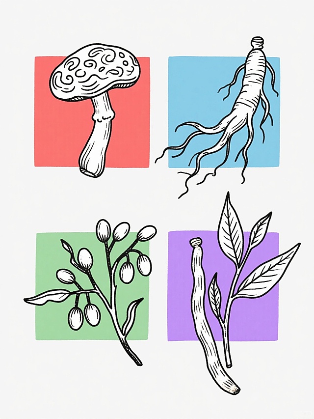 一组四个不同种类的手绘风格中药材插画，包含灵芝、人参、枸杞、黄芪，采用单色线条勾勒，分别以红色、蓝色、绿色和紫色填充，每个中药材都有独特的形态特征，如灵芝的云纹状菌盖与弯曲菌柄、人参的主根形态与须根细节、枸杞的圆润果实与枝条、黄芪的长条形叶片与茎秆纹理，整体风格保持一致的手绘质感和简约线条，排列成整齐的两行两列布局，背景为纯色且每个植物对应不同颜色的背景，整体设计具有统一的视觉风格和明确的信息层级，适合作为系列素材集合使用，线条流畅自然，带有手绘笔触的细腻纹理，色彩填充均匀且边缘清晰，画面干净整洁，无多余装饰元素。