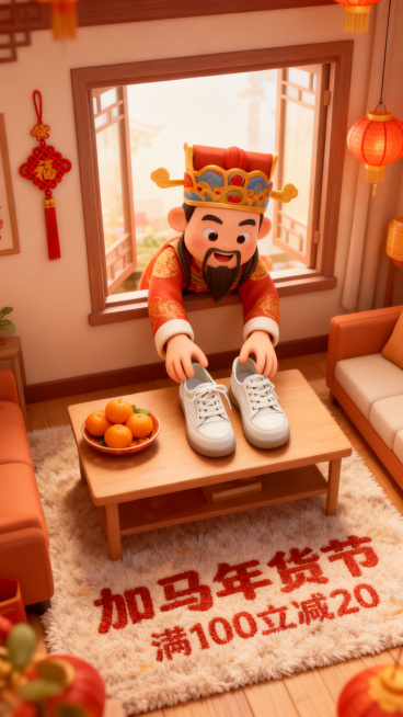 3d卡通风格，客厅景观。Q版巨大灶王爷（形象软萌）从窗户外探身进来，双手把图中主体放在客厅桌上（桌面摆放橘子、果盘），客厅装饰中国结、灯笼元素，暖色调喜庆氛围，画面底部毛绒地毯上绣着“加马年货节”“满预览效果