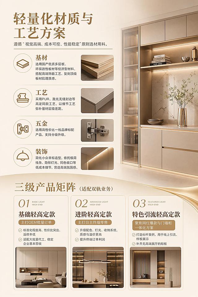 全屋定制轻高定产品之道
——中小规模全屋定制家居企业的智慧选择——

发展轻高定的意义
当前全屋定制行业进入存量深度竞争阶段，业态成熟、同质化严重，叠加房地产市场下行，行业低价内卷加剧。头部品牌依托规模、品牌、渠道优势抢占高端市场，通过纯高定产品提升单值利润。而中小定制企业普遍存在无品牌影响力、无规模化成本优势、无职业化运营团队的短板，既无法承接重资产、高门槛的纯高定赛道，又深陷常规定制低价竞争泥潭，生存空间持续压缩。
针对中小定制企业缺品牌、缺经销商、缺实体展厅的核心痛点，滨屿家居设计工作室以专业设计能力与新式营销思维为依托，立足中小企业“优质OEM客户+企业自主渠道”双轨业务模式，打造轻量化轻高定产品与运营体系。以“高定颜值、平价成本、轻量运营、精准获客”为核心，助力中小企业跳出低价内卷，构建差异化产品竞争力，实现稳健盈利发展。

行业痛点与轻高定赛道价值
（一）中小企业核心痛点
产品上，常规定制同质化严重、利润微薄，纯高定工艺复杂、成本高昂、落地门槛高，不适配中小产能；品牌上，市场认知度低，无法支撑中高端产品溢价；渠道上，缺失经销商网络与高端展厅，获客成本高、优质客源少；产能上，无规模化采购与生产优势，品控与成本把控能力弱；服务上，专业团队缺失，无法承接精细化高端定制服务需求。
（二）轻高定赛道精准定义
轻高定是介于纯高定与常规定制之间的轻量化中间赛道，核心特征为高定美学设计、经济型材质配置、标准化柔性生产、轻量化运营、中端普惠定价。既摒弃纯高定重资产、非标化、高溢价的弊端，又解决常规定制颜值平庸、工艺粗糙的痛点，精准匹配中端改善型家装市场需求，是适配中小定制企业的最优赛道。
（三）赛道核心价值
产品层面，复刻高定设计质感，实现“平价出高级效果”，满足消费者颜值需求；经营层面，无需重资产投入，适配中小企业资金与产能实力，有效提升订单单值与利润率；市场层面，填补高端高定价过高、常规产品颜值不足的市场空白，覆盖刚需升级、旧房翻新、县域高端家装等蓝海市场。
轻高定核心产品体系（设计+材质+工艺）
结合中小企业产能短板，依托专业设计赋能，搭建“模块化、高颜值、低成本、易落地”的轻高定产品体系，兼顾美学表现力与生产实用性。
（一）核心设计逻辑
一是高定美学精简复刻，沿用极简轻奢、现代极简、原木高级、意式简约四大主流高定风格，保留通顶整墙、无拉手极简、门墙柜一体、同色同质等核心高级视觉特征，剔除冗余非标工艺与无效溢价设计；二是模块化标准化设计，采用“标准柜体+外观微调”模式，柜体结构、尺寸、五金全部标准化，仅在配色、造型、细节做个性化调整，降低生产与交付难度；三是全屋场景适配，打造玄关、客厅、卧室、厨卫等全场景一体化方案，实现全屋风格统一，提升整体质感。
（二）轻量化材质与工艺方案
遵循“视觉高端、成本可控、性能稳定”原则选材用料。基材选用国产优质多层板、环保改性板材等经济型材料，搭配高端饰面工艺，复刻顶级板材肌理质感；工艺采用PUR、激光无缝封边等高定同款工艺，以细节工艺弥补基材层级差距；五金选用高性价比一线品牌标配产品，支持分级升级；装饰简化小众非标造型，依托极简线条、隐形灯光、同色收口等低成本细节，营造高端氛围感。
（三）三级产品矩阵（适配双轨业务）
基础轻高定款主打OEM批量订单，标准化程度高、性价比突出、返修率低，适配大批量代工，稳定企业基本营收；进阶轻高定款主打自主终端零售，升级配色、灯光、收纳系统，质感与溢价更高，提升终端订单利润；特色引流轻高定款聚焦网红爆款与门墙柜一体化方案，打造标杆案例，用于线上引流、样板展示，补齐无高端展厅的短板。

双轨驱动核心业务模式
固化“OEM代工稳底盘+自主渠道提利润”双轨协同机制，双向赋能、互补增效，破解中小企业渠道单一、利润薄弱、营收不稳的问题。
（一）第一轨：优质OEM代工业务（稳规模、保营收）
聚焦优质中小B端客户，包括区域经销商、中小型家装公司、软装机构等，筛选注重品质、拒绝极致低价内卷的合作方。提供“标准化产品库+按需微调+设计配套+落地交付”一站式代工服务，依托成熟轻高定设计体系，无需企业自主研发，即可为客户提供高颜值、高性价比产品。以轻量化高定差异化优势，区别于头部同质化代工与小作坊低质代工，打造“高质感、低价格、快交付、稳服务”的代工标签，稳定产能利用率与基础营收。
（二）第二轨：自主渠道零售业务（提利润、树口碑）
摒弃重资产展厅与传统招商模式，以轻量化渠道深耕本地终端市场。线上依托抖音、小红书、视频号，以设计案例、实景视频、工艺科普为核心内容，本地化精准获客，用专业设计弥补品牌短板；线下深度绑定本地家装公司、设计师、软装门店，共享客源、长期合作；以实景落地案例打造轻量化样板体系，替代高端展厅，降低获客成本，提升客户信任度，主打高利润终端零售订单。
（三）双轨协同机制
产品上，双轨共用一套设计、材质、生产体系，通过OEM批量订单摊薄生产成本，提升零售订单利润；资源上，代工积累的品控经验、落地案例赋能终端服务，终端优质实景案例反哺代工业务谈单；利润上，OEM稳定产能与营收，自主零售打造高利润增长点，形成“稳量增效”的良性经营格局。

轻量化新思维营销体系
立足中小企业无品牌、少预算的现状，以设计替代品牌溢价，用颜值、质感、服务建立竞争优势，打造低成本、高转化的营销模式。核心逻辑为以专业设计、实景落地效果让客户感知高端价值，弱化品牌差距，实现无品牌也可做中高端定价。
具体落地方面，由滨屿家居提供全套标准化营销素材，包含方案库、效果图、工艺手册、谈单模板等，解决企业内容缺失问题；打造本地设计师个人IP，主打平价高定、高性价比落地，以专业信任替代品牌背书；聚焦本地、县域市场精准推送，突出工厂直营、无中间商、专属设计等优势；依托老客户转介绍、异业裂变，搭建低成本口碑获客体系，持续沉淀本地案例与市场口碑。

落地赋能与保障体系
（一）设计赋能保障
持续迭代轻高定设计风格与产品方案，紧跟市场审美趋势；为B端代工、C端零售提供专属定制设计服务，补齐企业设计短板；配套完善谈单工具与话术培训，提升团队成交能力。
（二）生产品控保障
统一模块化生产、封边、收口、安装全套标准，降低生产容错率；搭建轻量化全流程品控体系，从原料进场、生产加工到落地安装全程把控，保障产品高端质感与品质稳定。
（三）运营服务保障
建立双轨标准化服务体系，B端代工侧重交付效率与品控稳定，C端零售侧重精细化设计与全程售后；针对现有团队开展产品、设计、营销、工艺专项轻量化培训，快速补齐职业化服务能力，无需高额团队投入。

总结与展望
行业存量内卷、头部垄断、市场下行背景下，放弃低价内卷、布局轻量化轻高定，是中小全屋定制企业适配自身资源、突破发展瓶颈的最优选择。本模式精准贴合中小企业缺品牌、缺渠道、缺展厅、缺规模的痛点，通过设计赋能打造差异化轻高定产品，依托双轨业务实现稳量提利，借助轻量化新营销打破获客壁垒，全方位助力企业转型升级。
未来，企业可依托成熟的轻高定体系，持续迭代产品、深耕本地市场、沉淀品牌口碑，逐步摆脱低价生存困境，向品质化、高利润化方向稳步发展，在行业洗牌中稳固核心竞争力，实现长效稳健发展。
生成宣传画册，规格：W20cm×H30cm；，版面色调：香槟金；10P