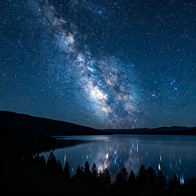 写实风景，星空下的湖面，夜晚璀璨银河清晰倒映在平静水面中，岸边树林呈现深色剪影，整体氛围静谧唯美，画面高清通透，光影层次丰富
