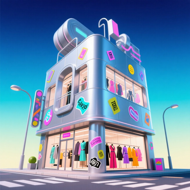 一个复古风格的时尚商店建筑，具有未来感。在图像的中心是一个非常时尚的银灰色金属时装店，以及建筑上的一些时尚装饰。被简单的当代街景所包围氛围充满了技术灵感、创造力和奇思妙想创意设计，时尚前卫的色彩，加上预览效果