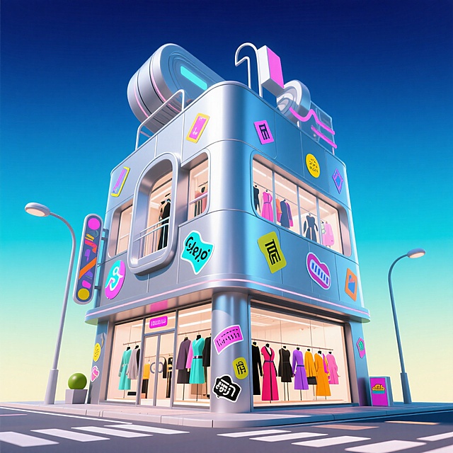 赛博朋克风3D建筑，霓虹灯点缀，金属质感搭配几何图形，未来感十足的虚拟现实潮流店铺，梦幻与科技交融。