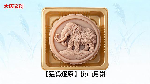 桃山月饼文创设计，月饼主体元素为猛犸象，大庆文创风格，6款月饼其中一款