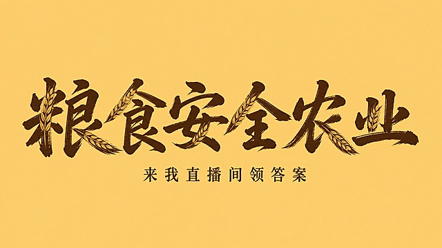 干净的纯土黄色背景。平面艺术字体设计，主标题"粮食安全农业"，所有文字单行横向排列，质朴手写风格，毛笔书法体，深棕色字体，带有麦穗纹理融入笔画，乡土气息浓厚。下方副标"来我直播间领答案"，较小字号，深褐色简洁字体。仅包含文字："粮食安全农业"、"来我直播间领答案"。文字整体必须完整呈现在画面内不可被裁切，四周留有安全边距。比例16:9。