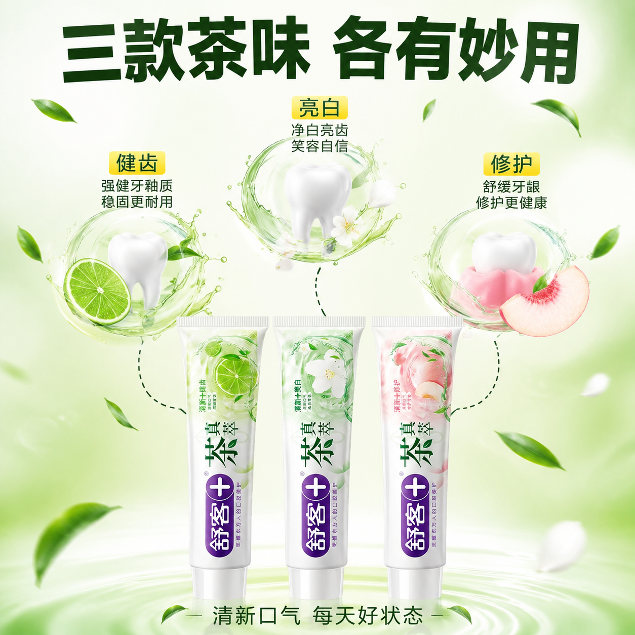 [主图-2] 茶真萃牙膏核心功效图，三款茶味分别对应健齿亮白修… - 图片创意预览