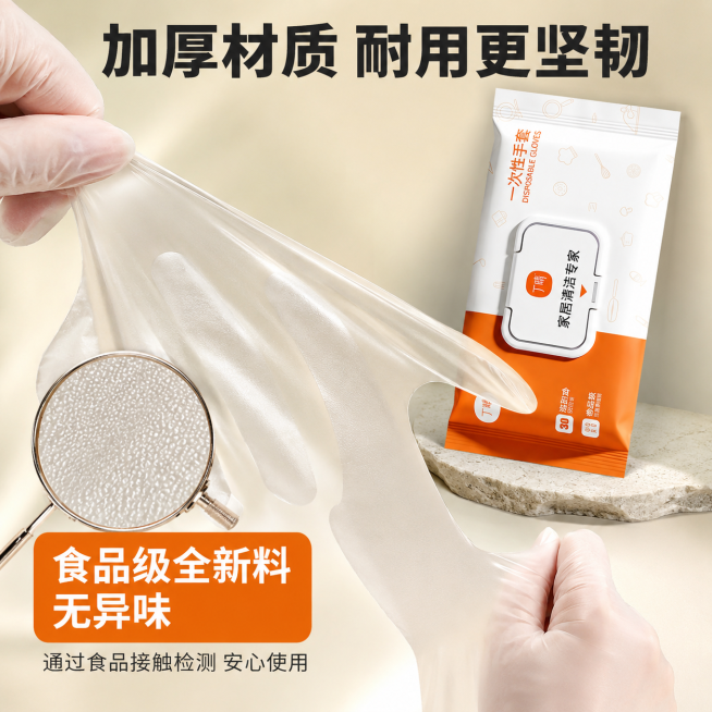 「图片1」，生成一套主图（5张），商品名称是食品级一次性pvc手套，卖点是食品级 加厚耐用无异味，贴手，风格是厨房专用，适配淘宝/天猫平台，主图比例为1:1「图片1」预览效果