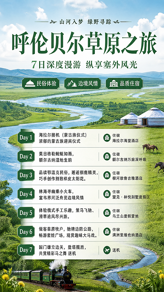 写实商业摄影风格旅游行程海报，主标题是"呼伦贝尔草原之旅"，副标题是"7日深度漫游 纵享塞外风光"，装饰文案是"山河入梦 绿野寻踪"。行程信息：Day1 海拉尔接机（蒙古族仪式）浓郁的蒙古族迎宾仪式 住宿 海拉尔海堂酒店。Day2 莫日格勒蜿蜒如画，额尔古纳湿地生韵 住宿额尔古纳万庭深呼吸。Day3 品读鄂温克民俗，邂逅驯鹿精灵，巧手创作别致桦皮太阳花。住宿 根河敖鲁古雅酒店。Day4 林海寻幽乘小火车，室韦界河泛舟览边境风情 住宿 望见 ·林悦别墅度假区。Day5 体验俄式手工乐趣，策马飞驰、滑草追风尽兴游。住宿乌兰山度假营地。Day6 做客草原牧户，驰骋边防公路，畅游套娃广场，观赏趣味大马戏。住宿 满洲里维也纳酒店。Day7 国门雄立边关，登塔揽胜，共赏精彩马之舞 送机。卖点标签：民俗体验 边境风情 品质住宿。整体风格自然清新，背景为呼伦贝尔草原河流景观，绿色系为主色调，版式精美，层级分明，文字清晰不遮挡主体，画面比例9:16，整体氛围清新自然舒适