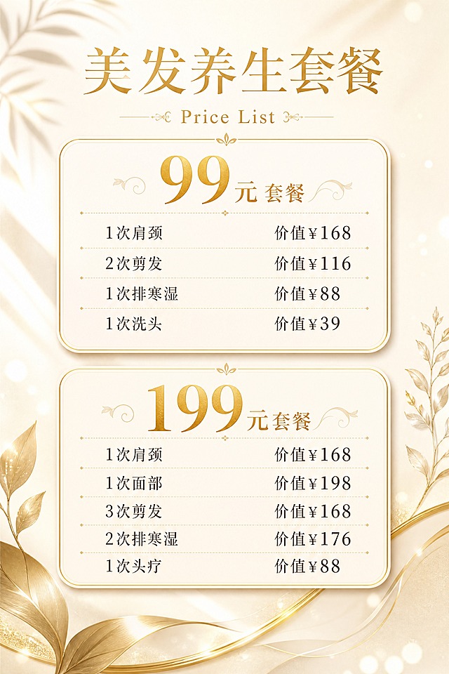一张A4竖版美发养生套餐价目表海报，奶油米白底色配金色点缀，美业轻奢风格，排版工整精美。顶部居中大标题"美发养生套餐"，金色细衬线字体，下方配小字"Price List"装饰。中部两个圆角矩形卡片纵向堆叠，每个卡片一个套餐档位。第一个卡片标题"99元套餐"，卡片内项目左对齐，价格右对齐，项目列表："1次肩颈 价值¥168"、"2次剪发 价值¥116"、"1次排寒湿 价值¥88"、"1次洗头 价值¥39"，"99元"大号金色加粗突出。第二个卡片标题"199元套餐"，项目列表："1次肩颈 价值¥168"、"1次面部 价值¥198"、"3次剪发 价值¥168"、"2次排寒湿 价值¥176"、"1次头疗 价值¥88"，"199元"大号金色加粗突出。卡片有轻微阴影和金色细描边，背景有柔和的植物叶影和光斑装饰，四周留足安全边距。画面中无地址、无电话、无二维码。画面中所有数字必须精确渲染，不得错位、遗漏或编造。画面中所有信息区域和套餐卡片必须填充完整合理的内容，不得出现空白框或空白占位。4K超高清画质，精致细腻。