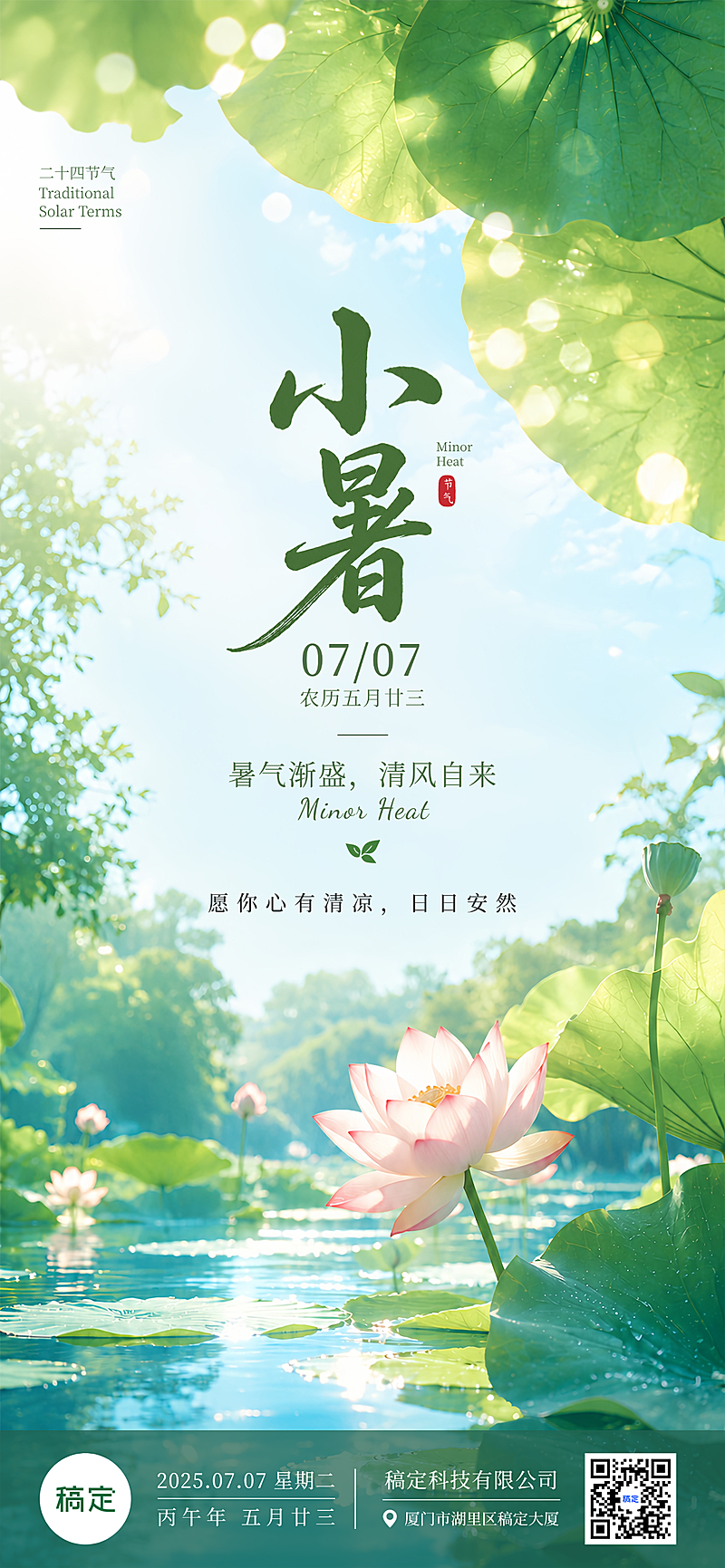 小暑节气问候宣传荷塘荷花柔光治愈写实风全屏竖版海报