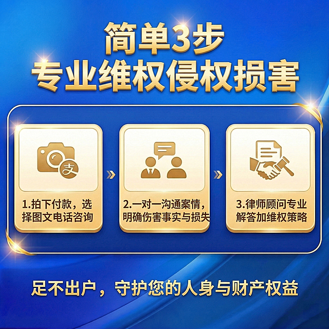 沿用参考图排版风格，调整为三步布局，替换文字内容：主标题“简单3步 专业维权侵权损害”，三个步骤分别是：1拍下付款，选择图文电话咨询；2一对一沟通案情，明确伤害事实与损失；3律师顾问专业解答加维权策略；底部副标题“足不出户，守护您的人身与财产权益”。保持蓝色渐变背景、金色文字边框设计风格不变，保留原图标占位布局。
